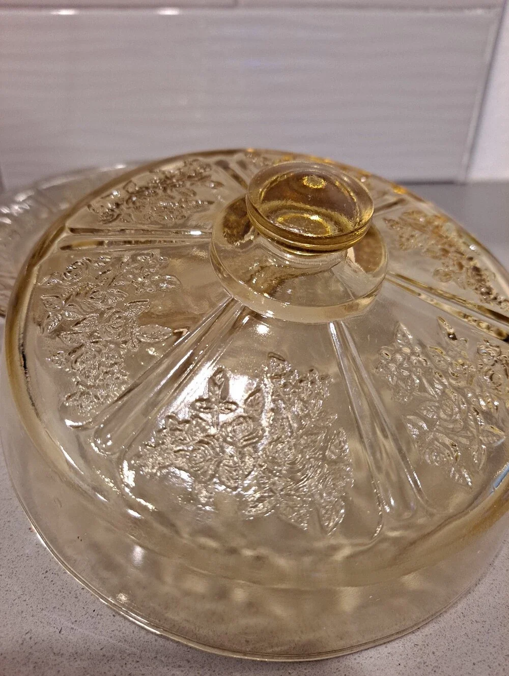 Federal Round Glass Sharon Amber/Cabbage Rose Butter Dish Depression Retro Dome